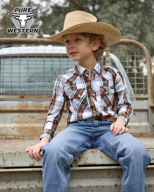 Pure Western Boy’s Roger Check Western Long Sleeve Shirt – Dark Tan/White