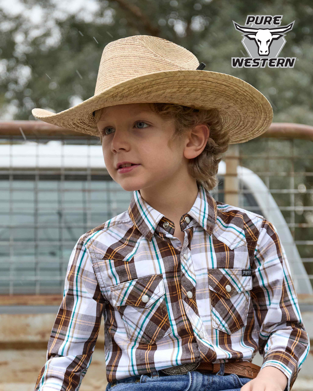 Pure Western Boy’s Roger Check Western Long Sleeve Shirt – Dark Tan/White