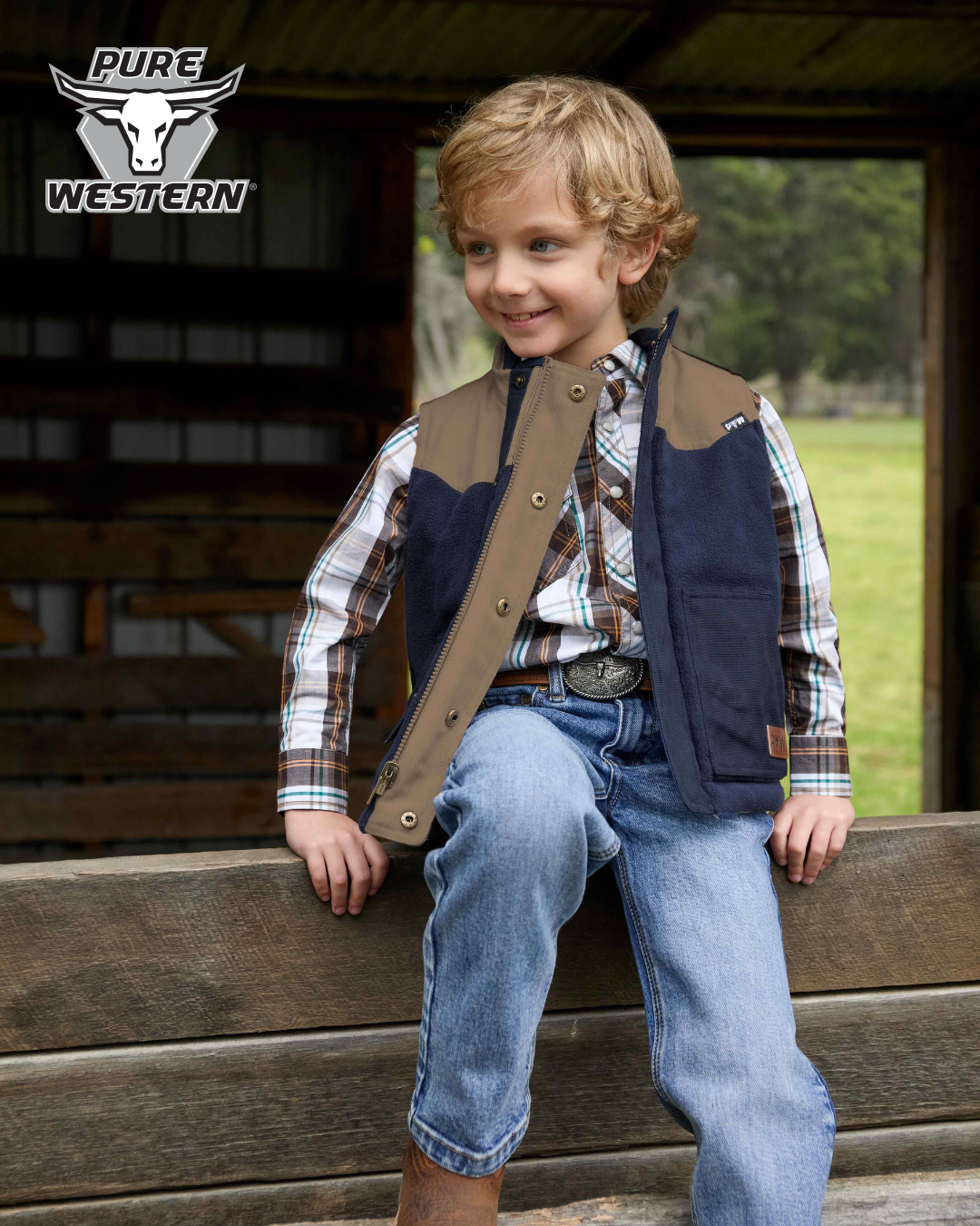 Pure Western Boy’s Roger Check Western Long Sleeve Shirt – Dark Tan/White