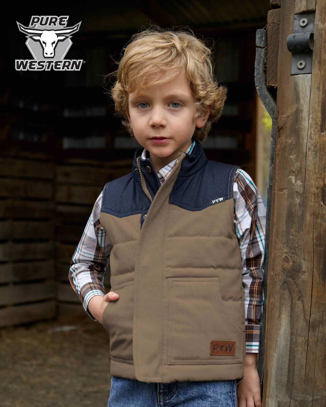 Pure Western Boy’s Roger Check Western Long Sleeve Shirt – Dark Tan/White
