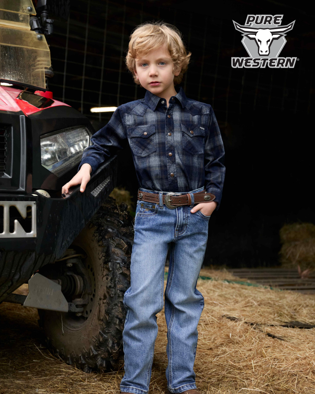 Pure Western Boy’s Harley Check Cord Western Long Sleeve Shirt – Navy/Tan