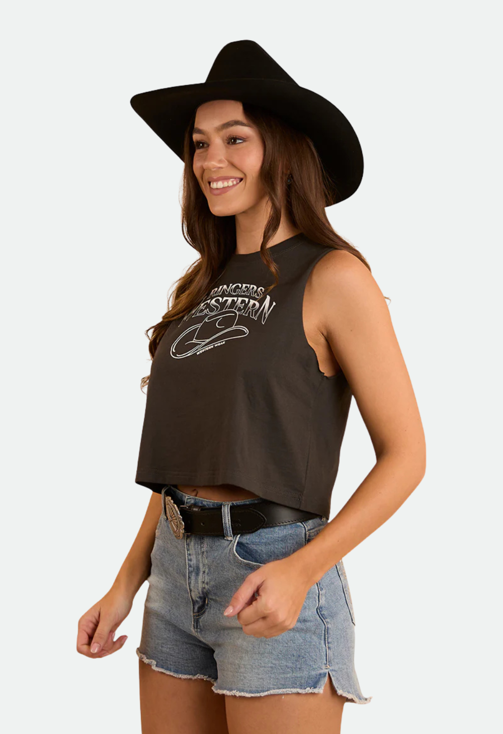 Ringers Western Womens Chasing Cowboys Crop Muscle Tank - Charcoal