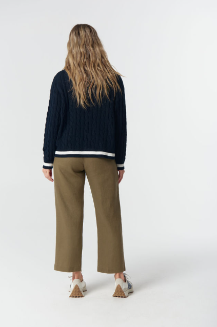 Goondiwindi Cotton Harvest V Neck Cotton Jumper - Dark Navy/White/Fox
