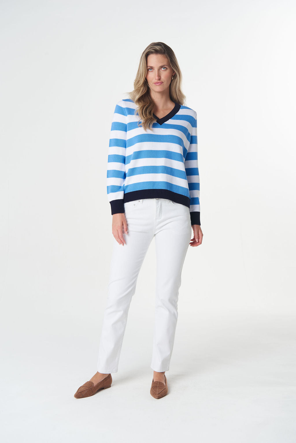 Goondiwindi Cotton Cotton V Neck Jumper - Azure Blue/White/Navy