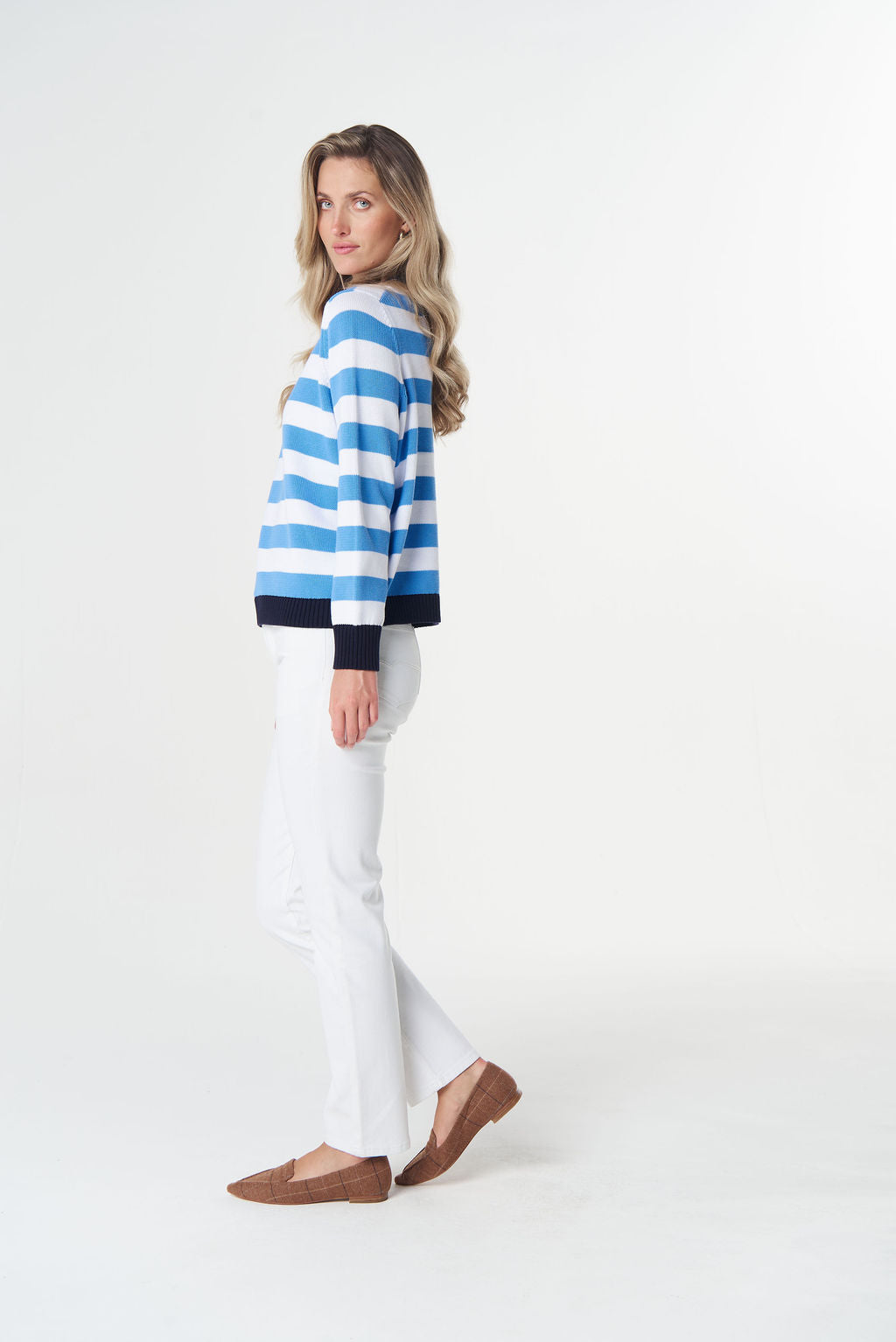 Goondiwindi Cotton Cotton V Neck Jumper - Azure Blue/White/Navy