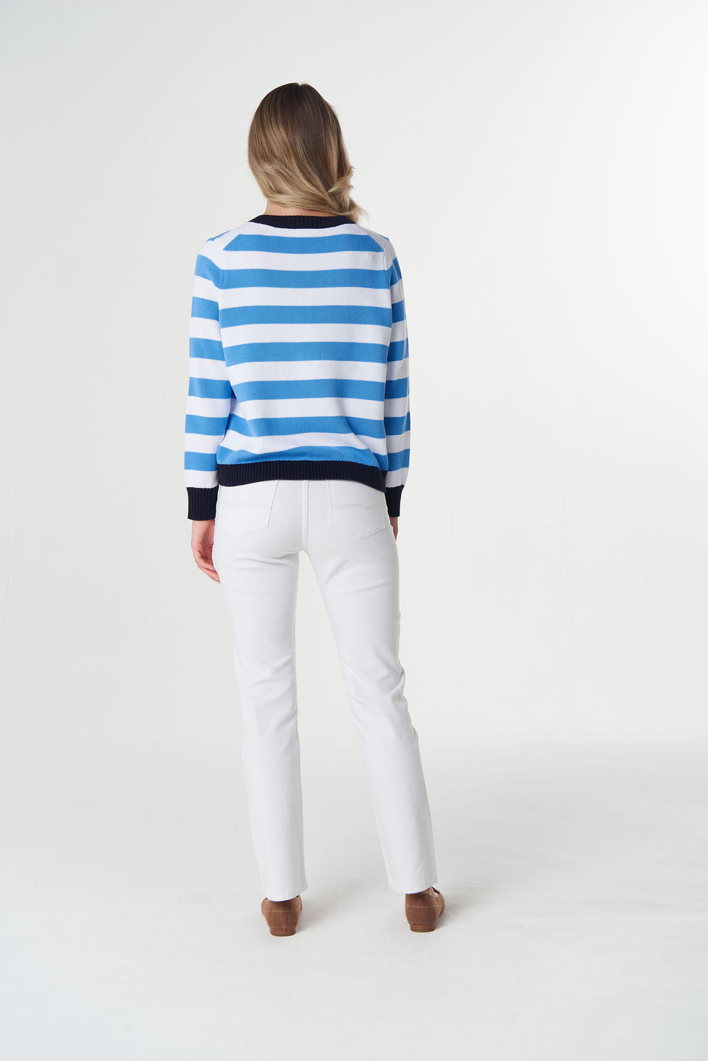 Goondiwindi Cotton Cotton V Neck Jumper - Azure Blue/White/Navy
