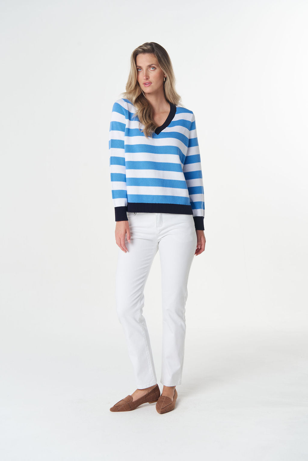 Goondiwindi Cotton Cotton V Neck Jumper - Azure Blue/White/Navy