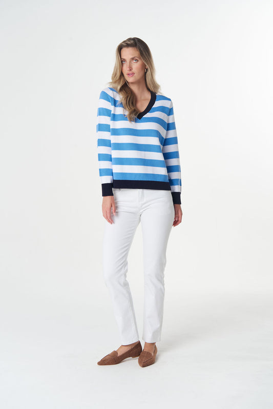 Goondiwindi Cotton Cotton V Neck Jumper - Azure Blue/White/Navy