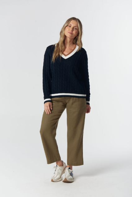 Goondiwindi Cotton Harvest V Neck Cotton Jumper - Dark Navy/White/Fox