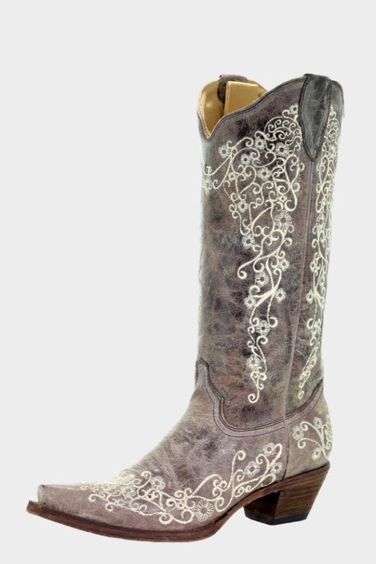 CORRAL BOOTS LADIES BONE FLORAL EMBROIDERY CRATER BROWN