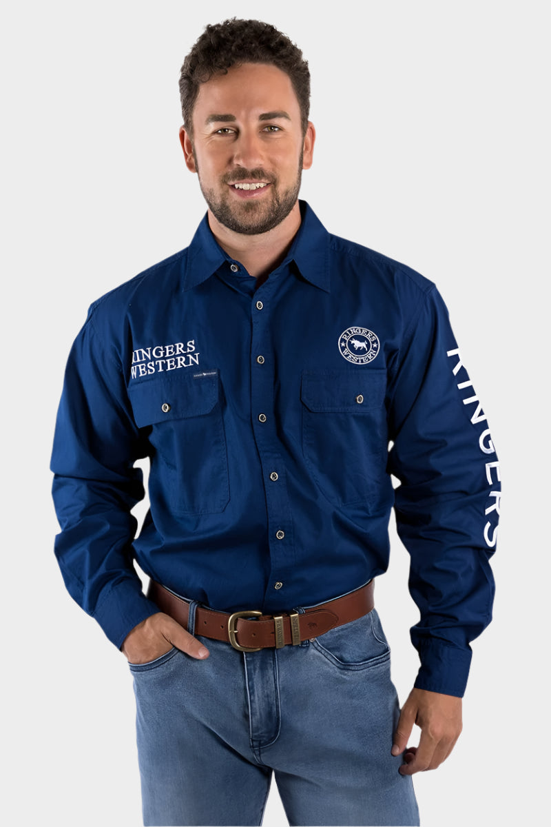 RINGERS WESTERN MENS HAWKEYE FULL BUTTON WORK SHIRT - NAVY