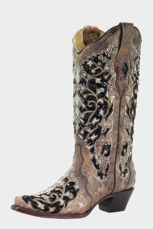 CORRAL BOOTS LADIES GLITTER INLAY STUDS & CRYSTALS BLACK BROWN