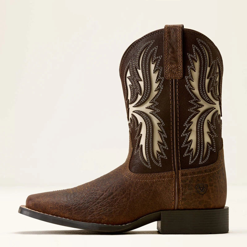 Ariat Kid's Driftwood Wide Square Toe Western Boots in Earth Royal Chocolate Full-Grain Leather