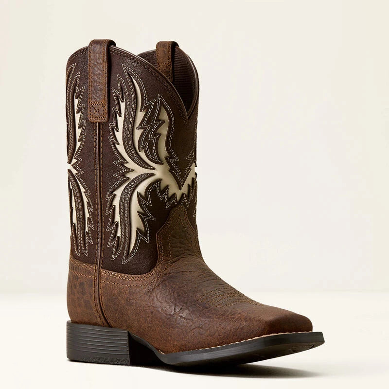 Ariat Kid's Driftwood Wide Square Toe Western Boots in Earth Royal Chocolate Full-Grain Leather