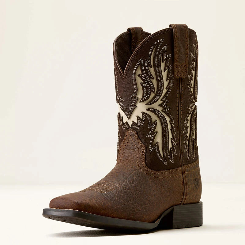 Ariat Kid's Driftwood Wide Square Toe Western Boots in Earth Royal Chocolate Full-Grain Leather