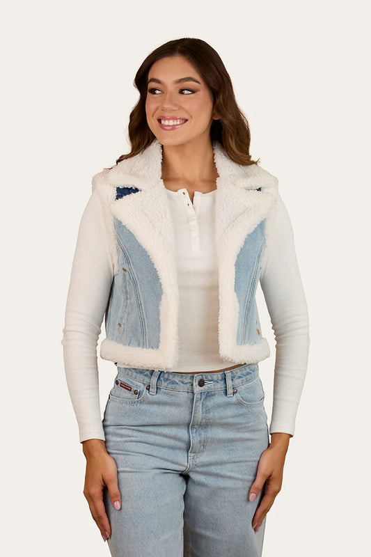 Ringers Western Womens Amaya Denim Sherpa Vest - Vintage Light Blue/Dark Mid Blue