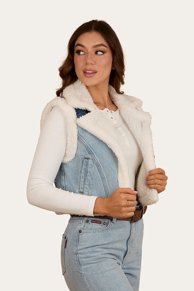 Ringers Western Womens Amaya Denim Sherpa Vest - Vintage Light Blue/Dark Mid Blue