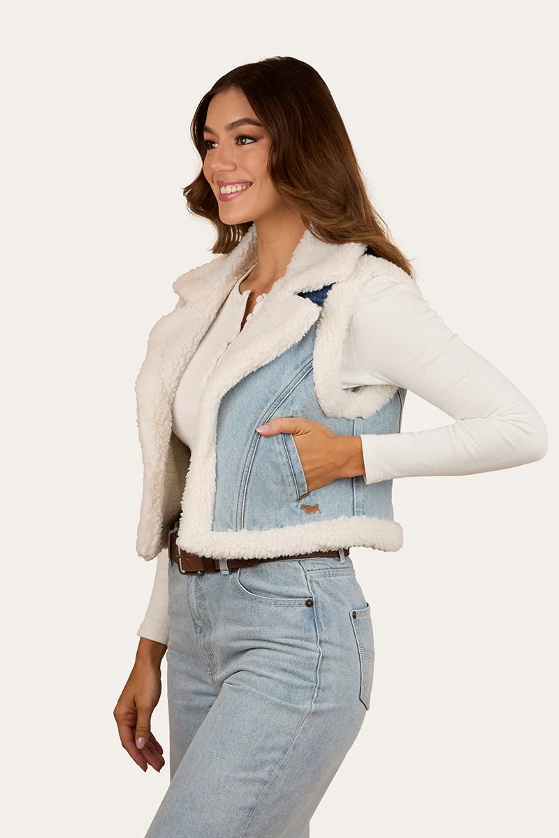 Ringers Western Womens Amaya Denim Sherpa Vest - Vintage Light Blue/Dark Mid Blue
