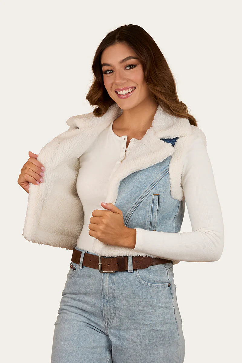 Ringers Western Womens Amaya Denim Sherpa Vest - Vintage Light Blue/Dark Mid Blue