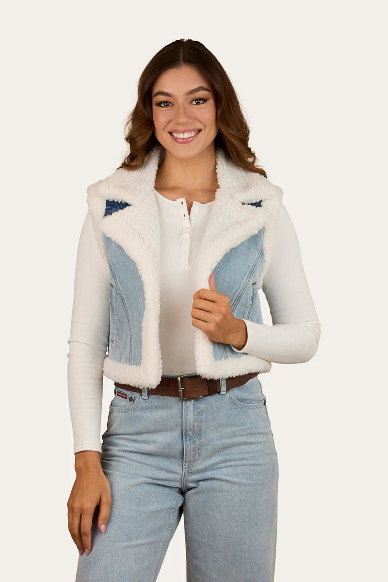 Ringers Western Womens Amaya Denim Sherpa Vest - Vintage Light Blue/Dark Mid Blue