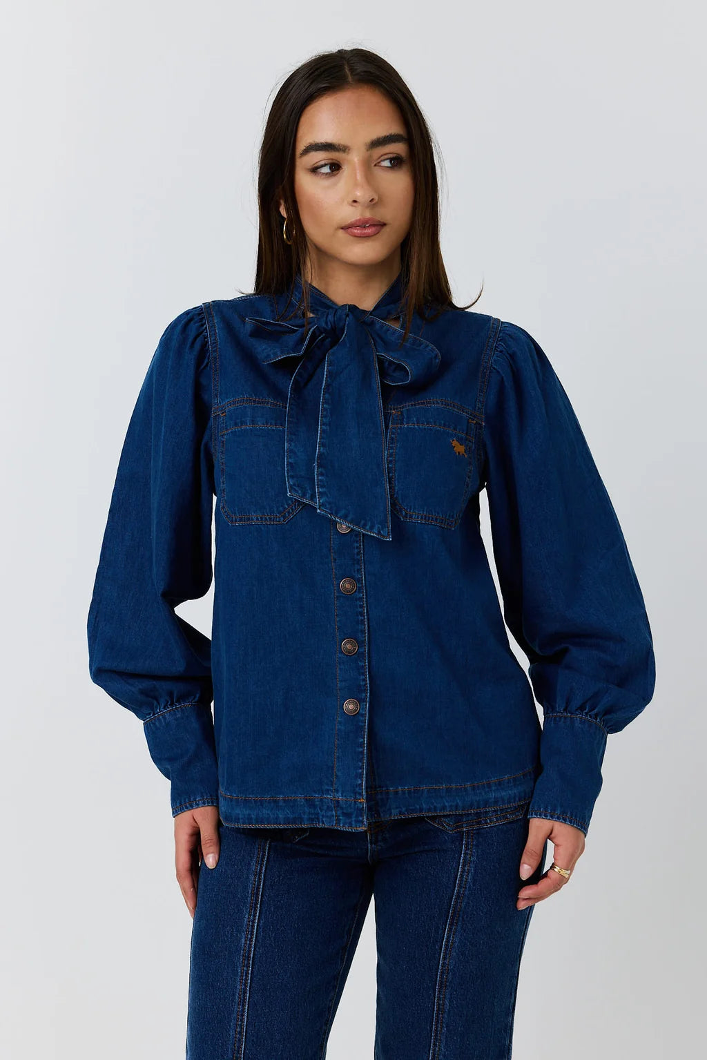 Ringers Western Avery Women's Tie Neck Denim Shirt - Classic Blue