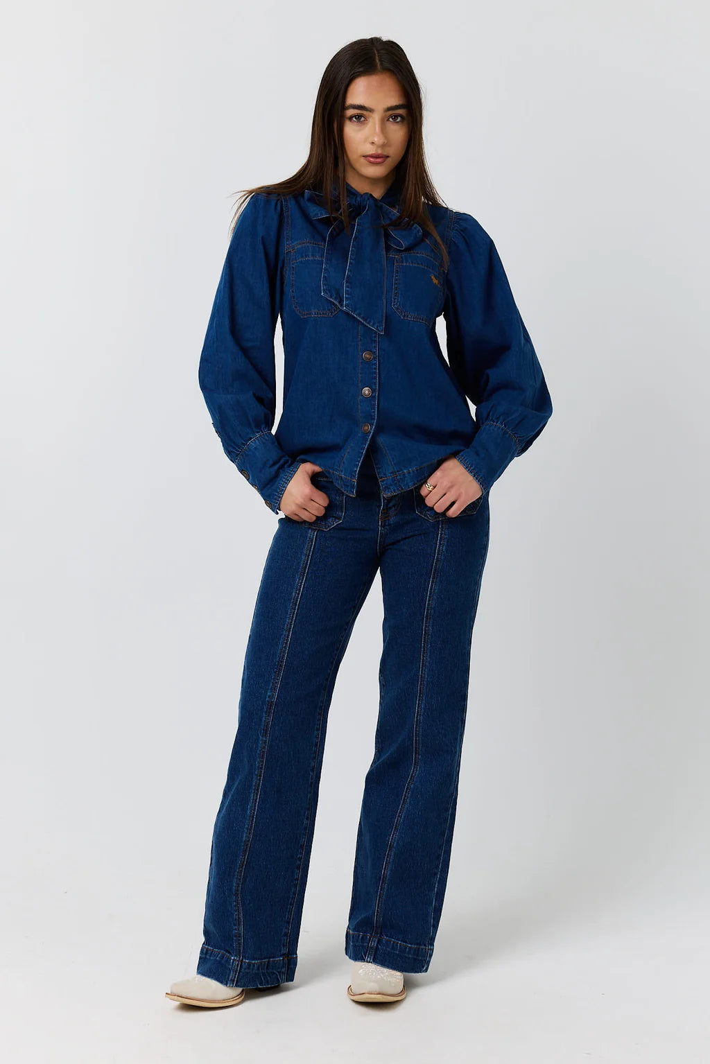 Ringers Western Avery Women's Tie Neck Denim Shirt - Classic Blue