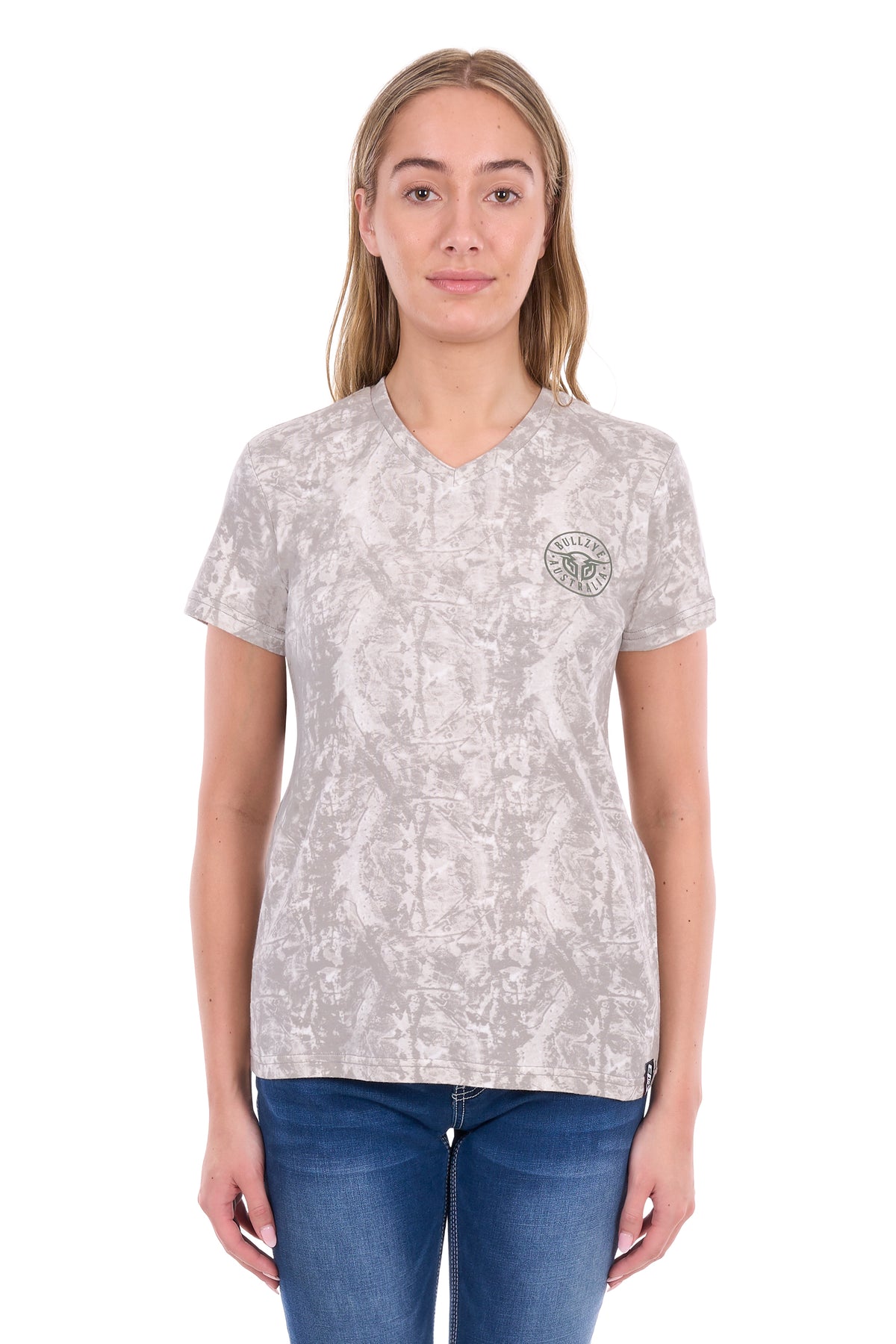 Bullzye Women’s Dusty V-NK Short Sleeve Tee - Grey Camo