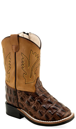 Old West Toddler Faux Horn Back Gator Print Leather Boots