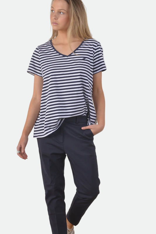 Bullrush SV Neck Cuff Tee - Navy Stripe