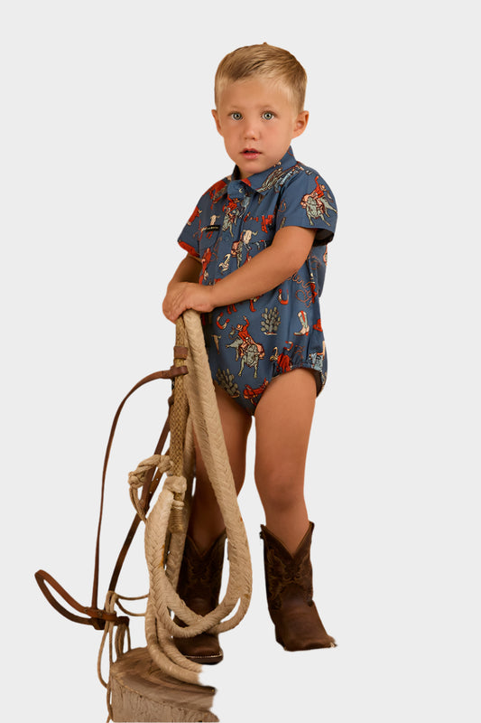 Ringers Western Mini Cowboy Babies Short Sleeve Work Shirt Romper - Yale Blue