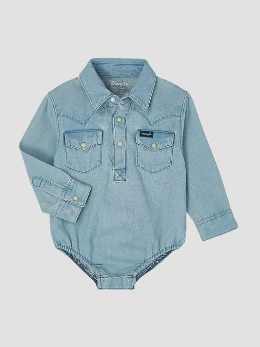 Wrangler Baby Boy Long Sleeve Faded Blue Denim Bodysuit