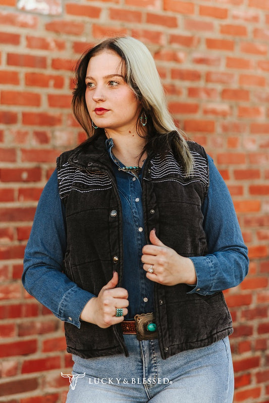 Lucky & Blessed Black Denim Puffer Studded Button Down Embroidered Vest