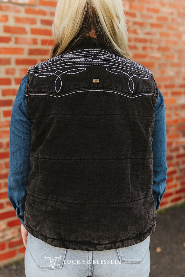 Lucky & Blessed Black Denim Puffer Studded Button Down Embroidered Vest