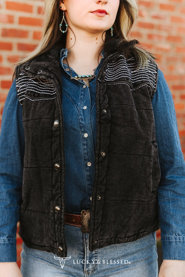 Lucky & Blessed Black Denim Puffer Studded Button Down Embroidered Vest