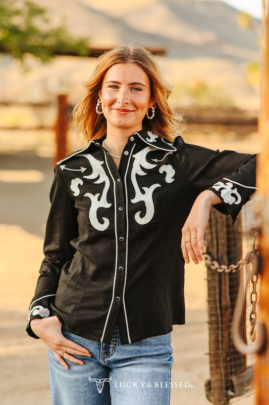 Lucky & Blessed Black Ivory Patch Embroidered Boot Stitch Contrast Piping Button Down Shirt Plus Size