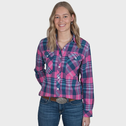 Just Country Women's Brooke Workshirt Flannel Hot Pink/Navy/Sky Blue
