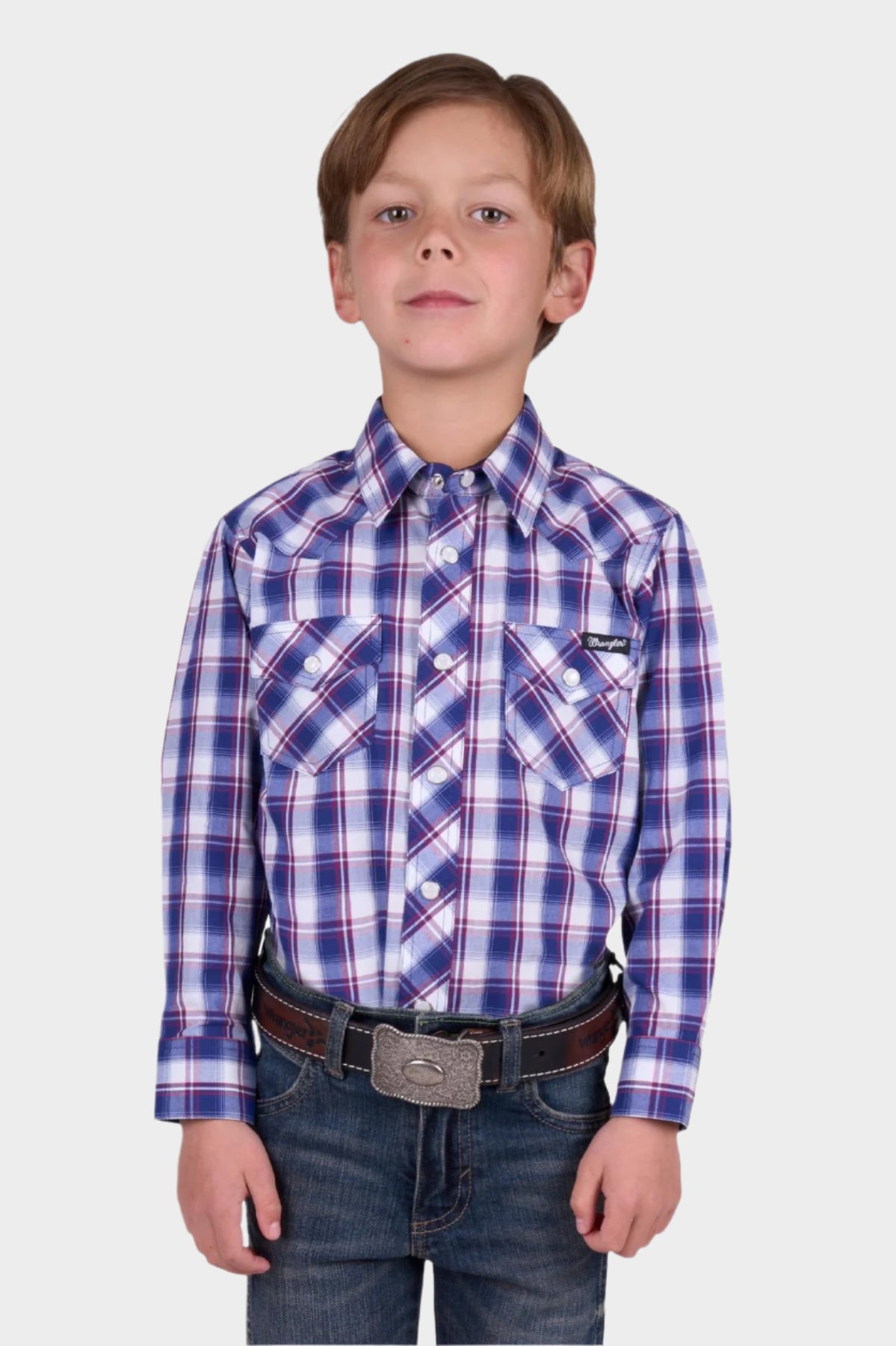 Wrangler Boy’s Noah Check Western Long Sleeve Shirt - ROYAL/RED