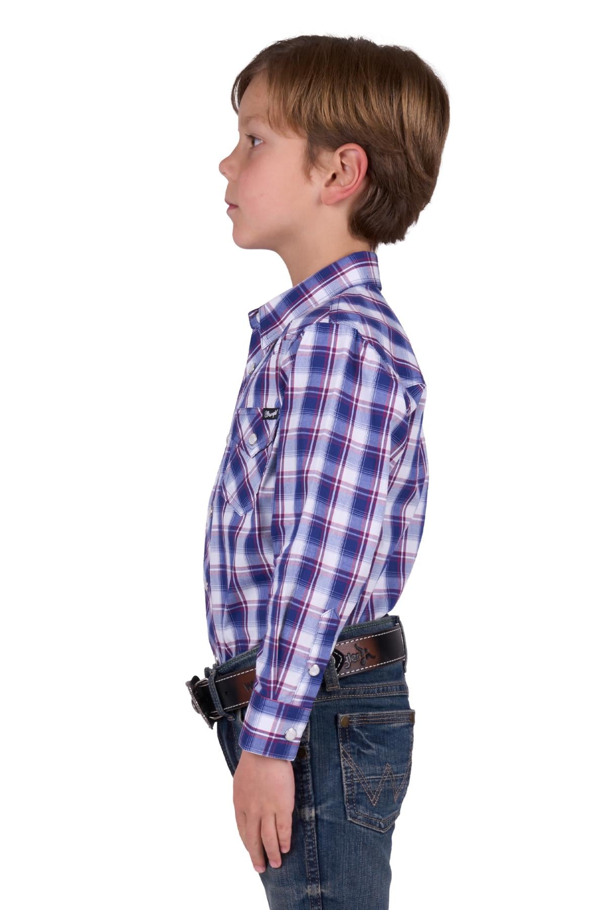 Wrangler Boy’s Noah Check Western Long Sleeve Shirt - ROYAL/RED