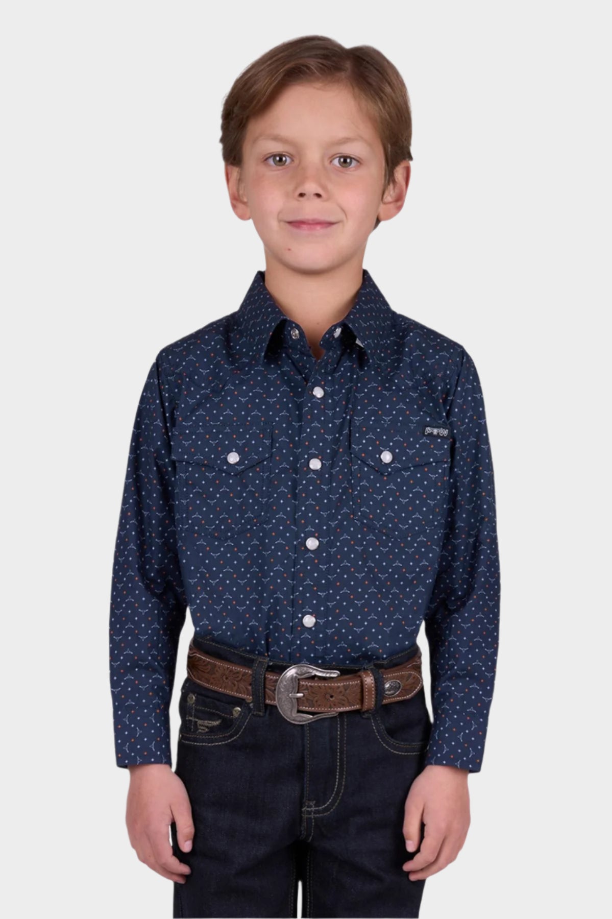 Pure Western Boy’s Ross Print Western Long Sleeve Shirt - NAVY