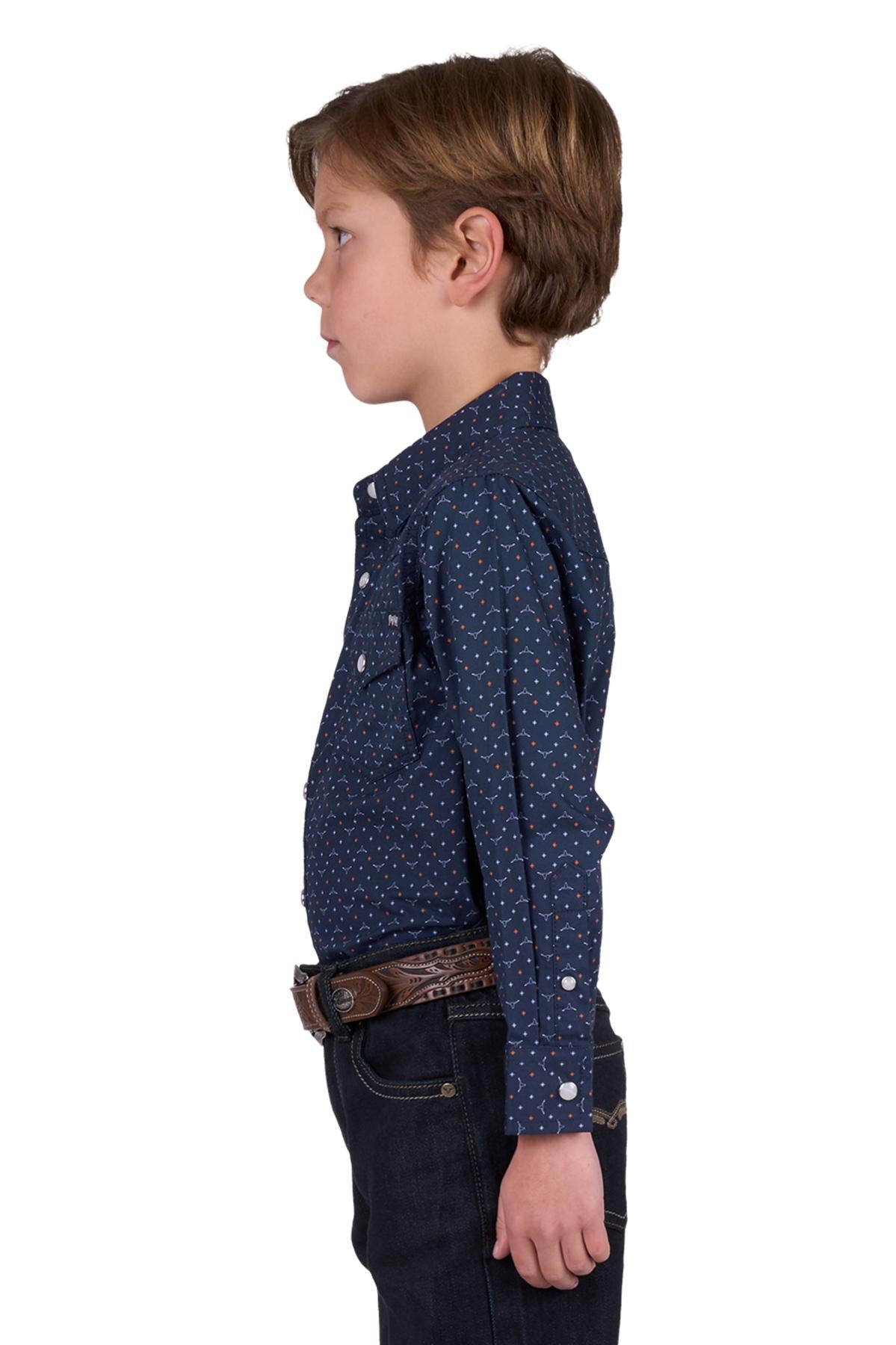 Pure Western Boy’s Ross Print Western Long Sleeve Shirt - NAVY