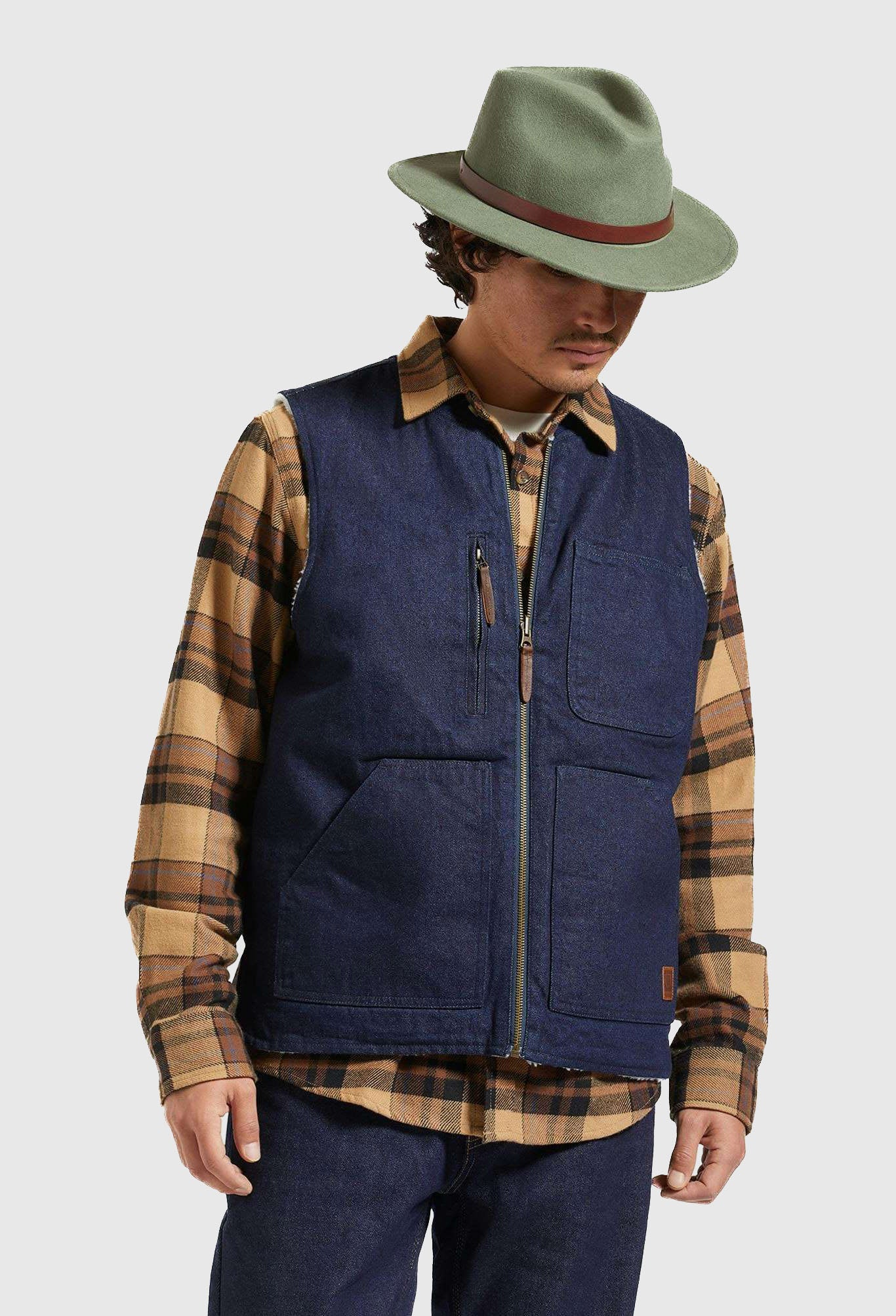 Brixton Mens Builders Abraham Reversible Vest (Rinse Denim / Sherpa)