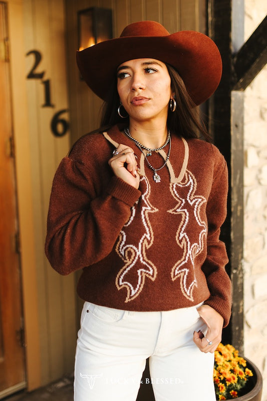 Brown Boot-stitch Knit Puff Sleeve Collared Sweater Plus Size