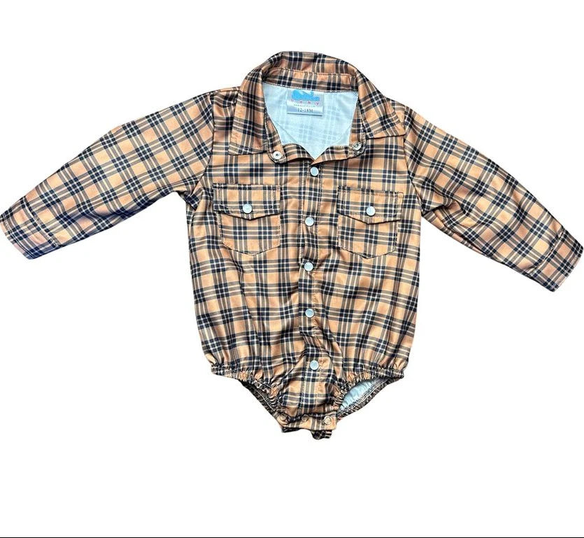 Shea Baby Brown Plaid Long Sleeve Pearl Snap Onesie
