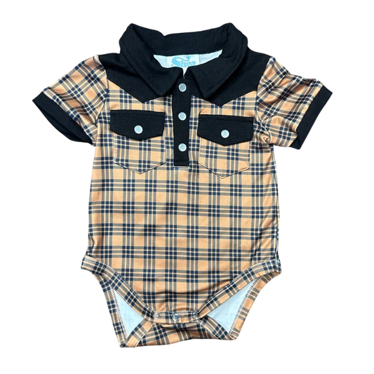 Shea Baby Brown Plaid SS Pearl Snap Onesie Tee