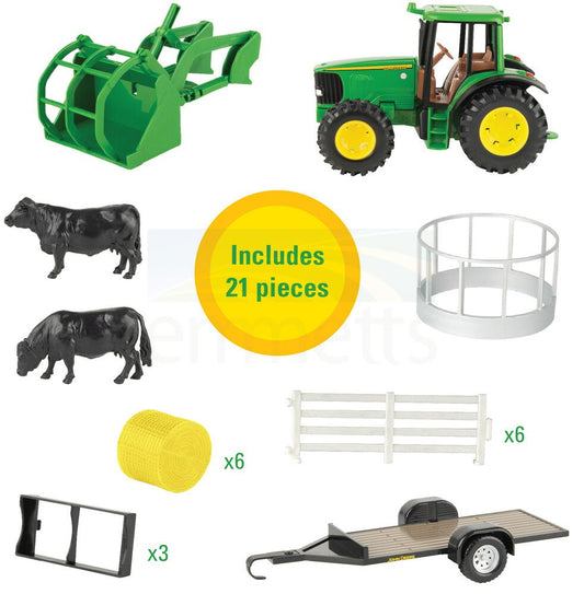 John Deere - 1:32Hay Farm Set with Tractor & Grapple Bucket, Trailer, Bales and Cows