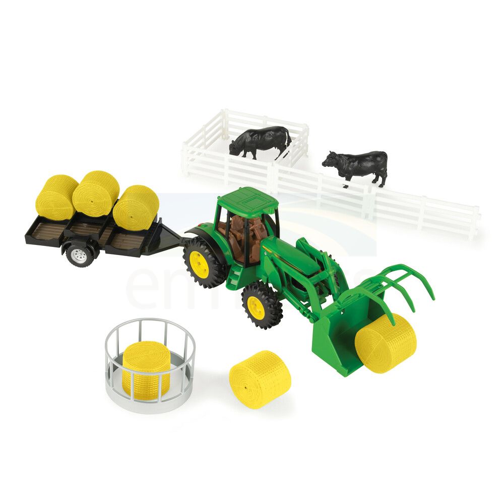 John Deere - 1:32Hay Farm Set with Tractor & Grapple Bucket, Trailer, Bales and Cows