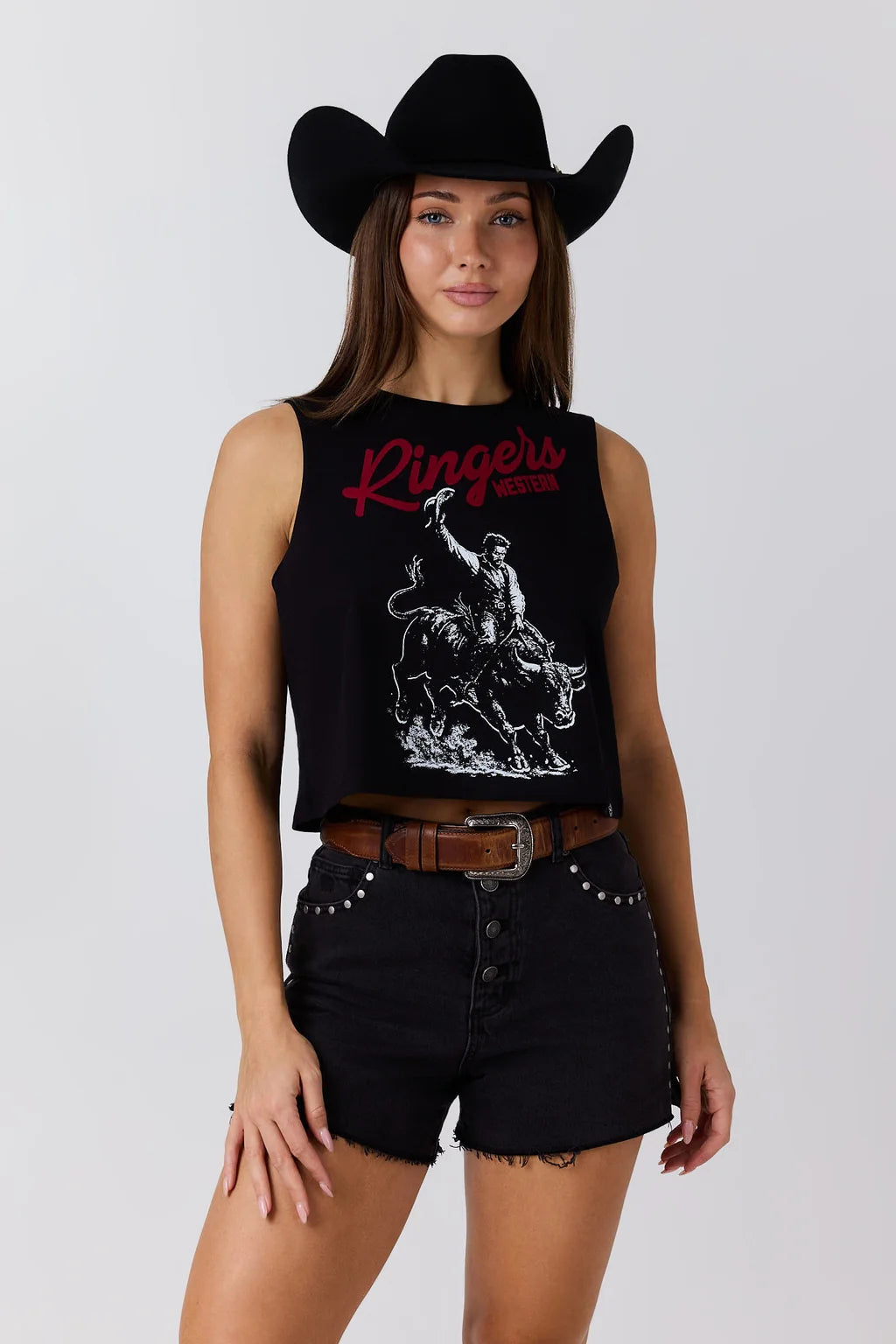 Ringers Western Bull Ride Women’s Muscle Tank – Black