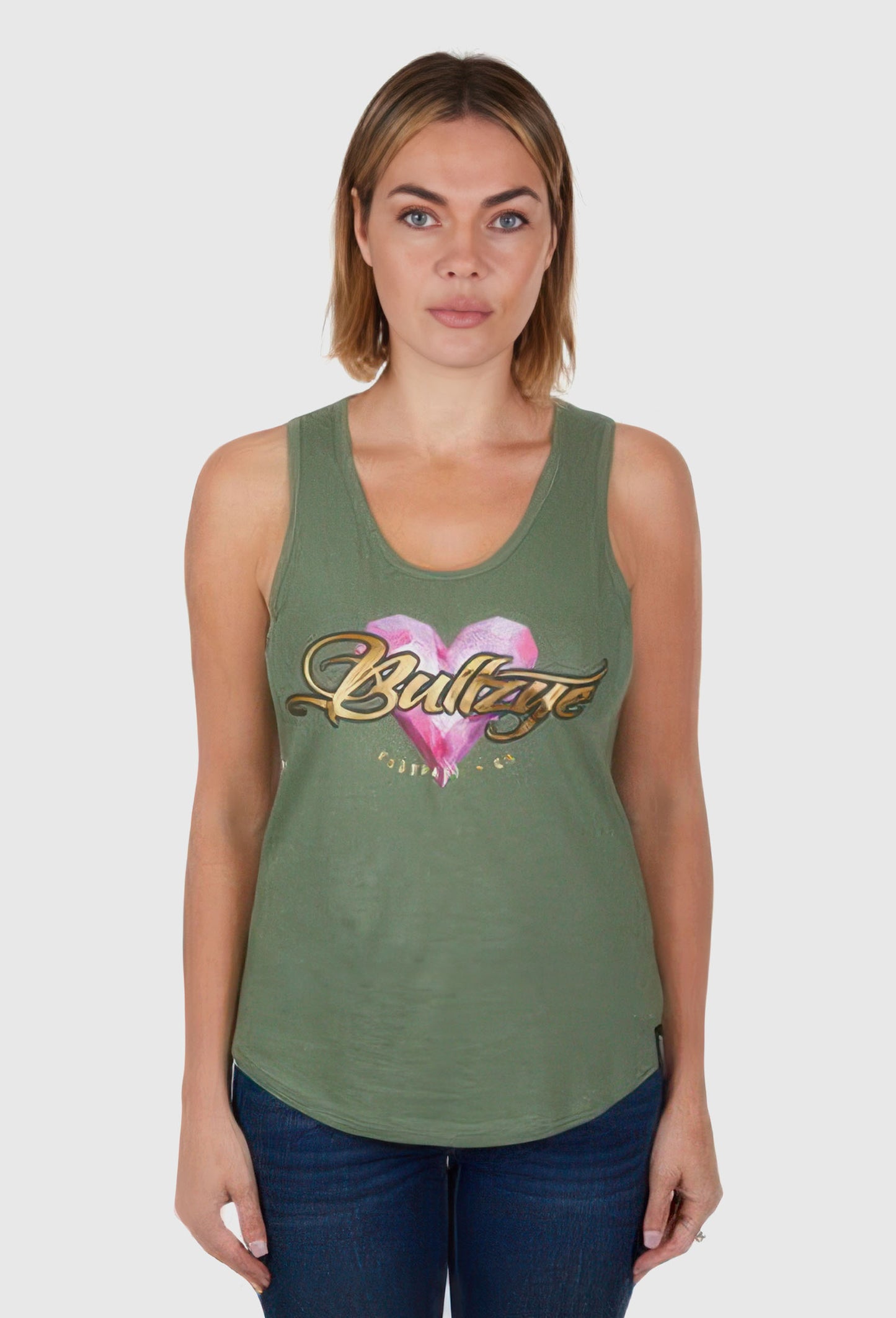 BULLZYE WOMENS HEART SINGLET (MOSS) - CLEARANCE