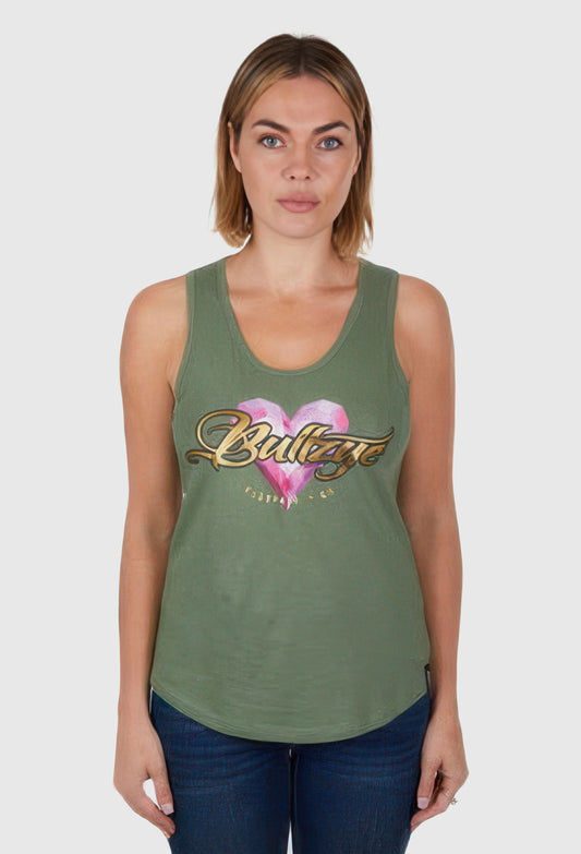BULLZYE WOMENS HEART SINGLET (MOSS) - CLEARANCE