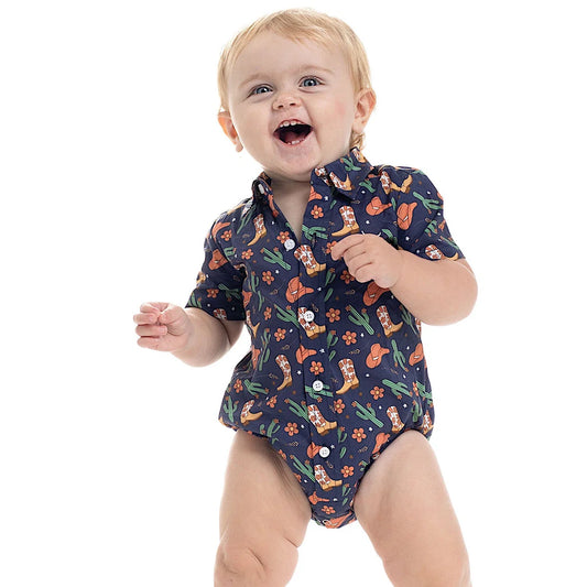 Just Country Infant Frankie Short Sleeve Full Button Print Work Shirt Navy Western Boots